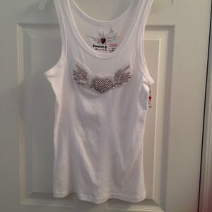 Twisted Heart white Tank with jeweled heart wings