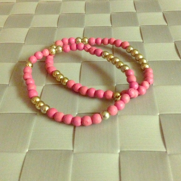 Pink&gold wooden&plastic beaded bracelets