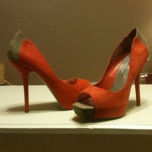 Orange and Beige suede pumps