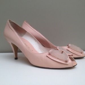 80s Pink Leather Open Toe Bow Heels Shoes 7.5