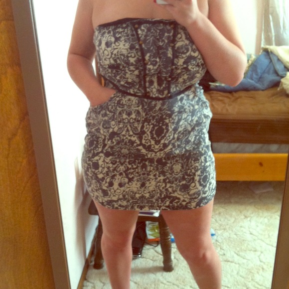 Blue and white strapless dress