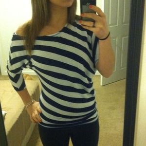 half shoulder white and blue stripped shirt