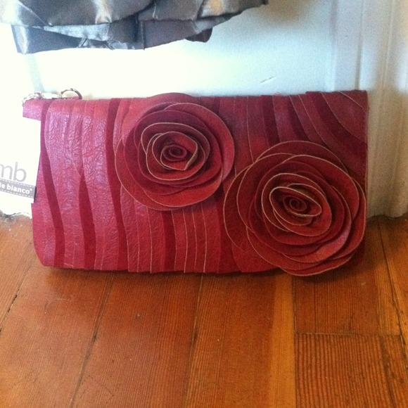 Cute dark red with roses leather like clutch!