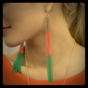 Gold, orange & green tassel earrings