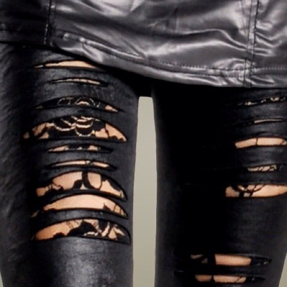 Pants - Leather look torn leggings