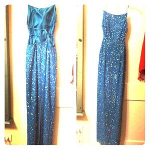 Formal Blue Beaded Floor Length Dress