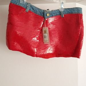 Red sequin mini skirt with denim waist