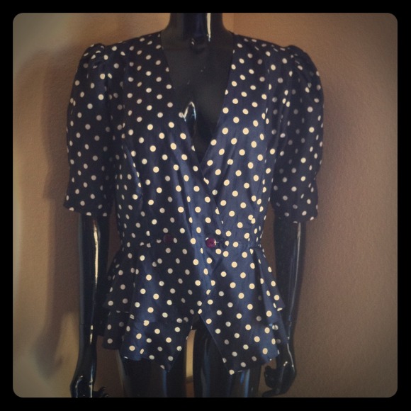 ReservedVintage Navy Blue Polka Dot Peplum Top