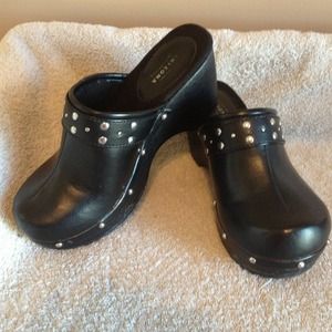 Black leather silver stud clogs!