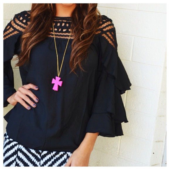 Black crochet neck ruffle top