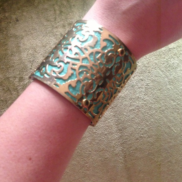 gold tone & teal/aqua cuff bracelet