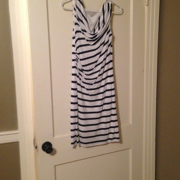 LOFT slouch neck navy striped cotton dress