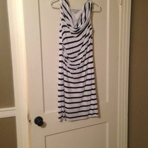 LOFT slouch neck navy striped cotton dress