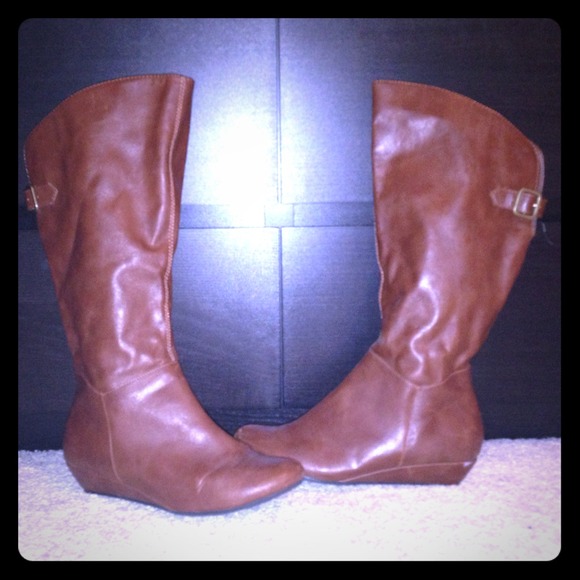 Cognac Brown Faux Leather Wedge Boots