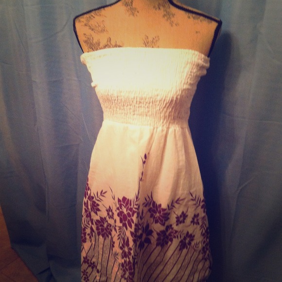 Strapless white dress with purple flowers