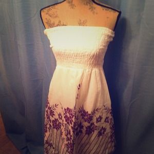 Strapless white dress with purple flowers