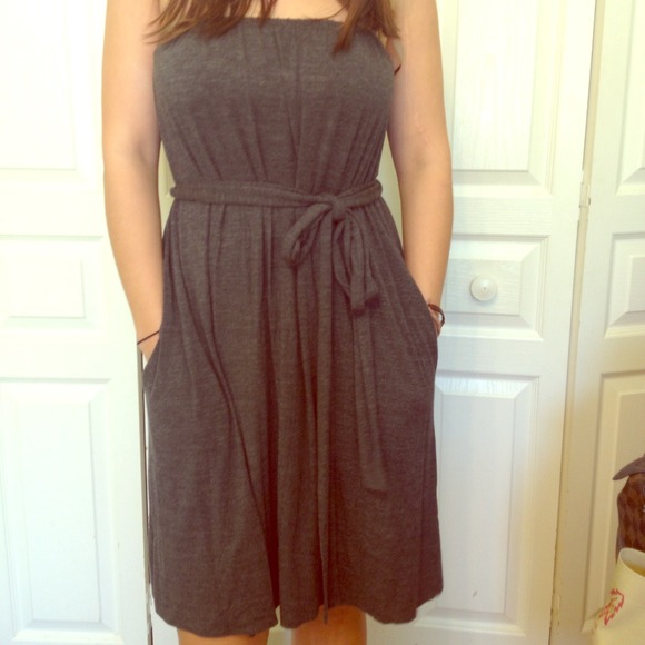 Jcrew strapless grey dress with tie around waist.