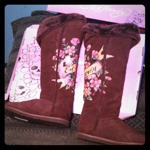 Ed Hardy tall brown zipper boots