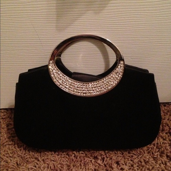 Black satin clutch with rhinestone detailed handle