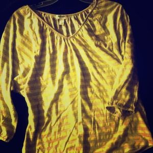 Large yellow and gray striped shirt.