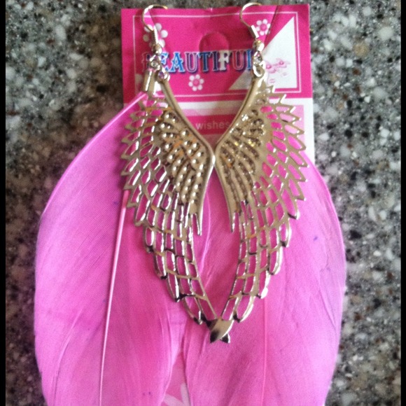 Pink angel wing feather earrings
