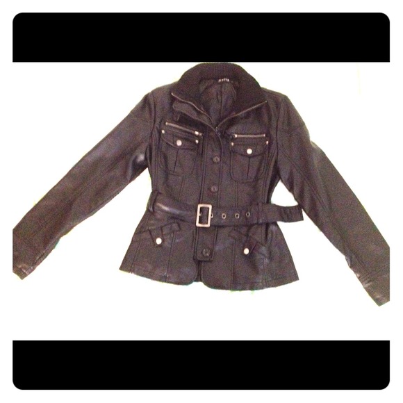 Faux leather jacket with adjustable waist belt. - Picture 1 of 4