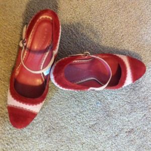 Red and pink suede wedge pump by Kenneth Cole