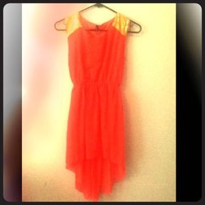 High Low Coral Dress with Gold Sequin Shoulders