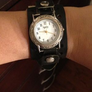 Black wide leather watch
