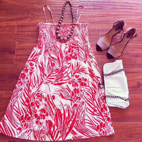 Red white floral tropical sundress smocked dress