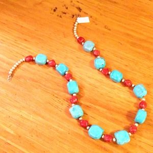 Beautiful red coral & turquoise magnasite necklace