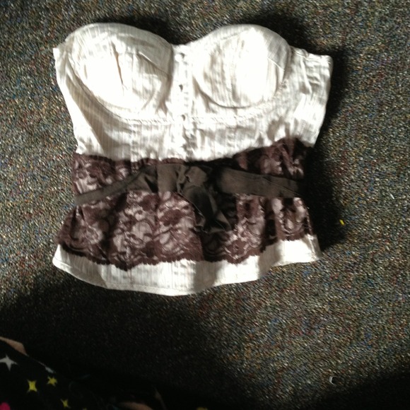 SOLD. Corset style top. Tan w/ brown lace accent.