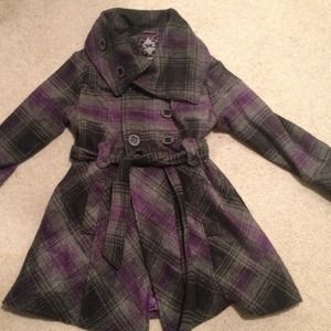 Black, gray, and purple plaid winter coat