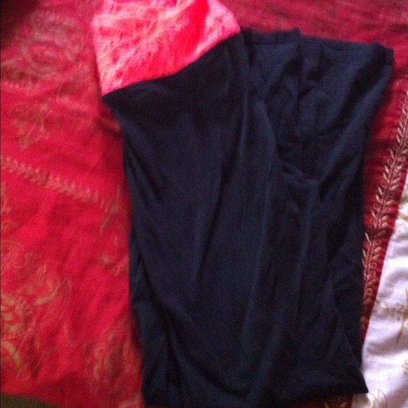 Black yoga pants with orange lace top