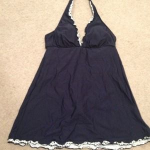 Navy lined with polka dots halter swim suit
