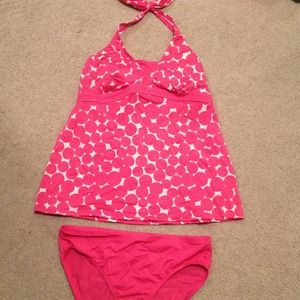 cute pink polka dot halter maternity swim suit