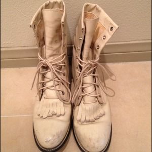 Vintage White Leather Lace Up Combat Boots