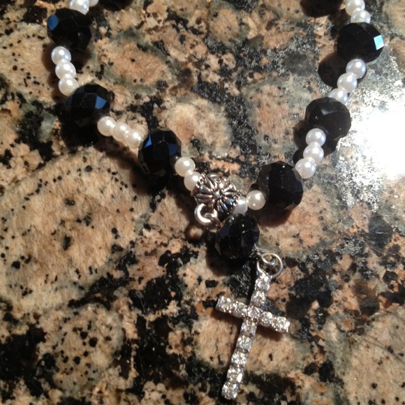 SOLD -bundled  Black bead pearl cross bracelet