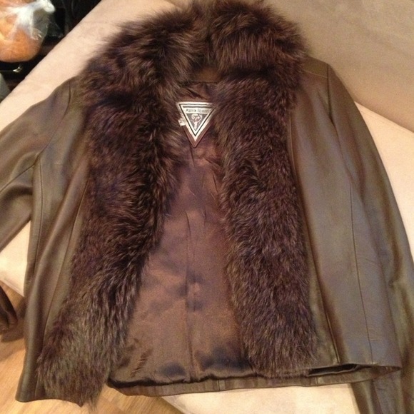 Fox trim brown leather jacket