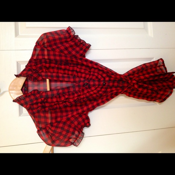 Sheer red plaid button up with v-neck ruffles - Picture 1 of 3