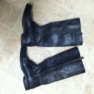 Frye black distressed boots and TB flip flops