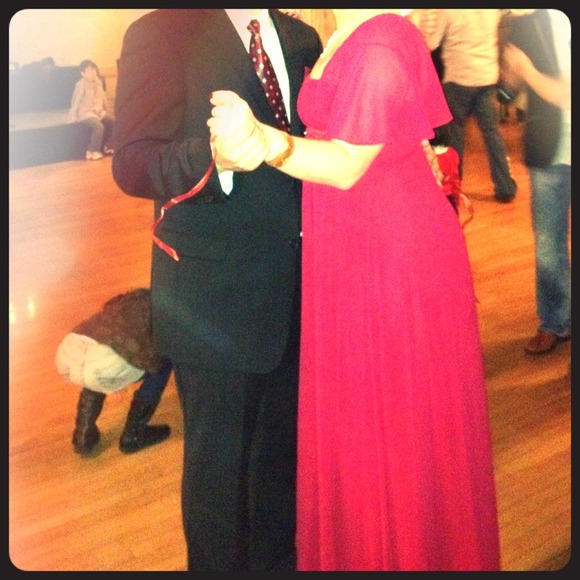 Long red chiffon dress with sleeves