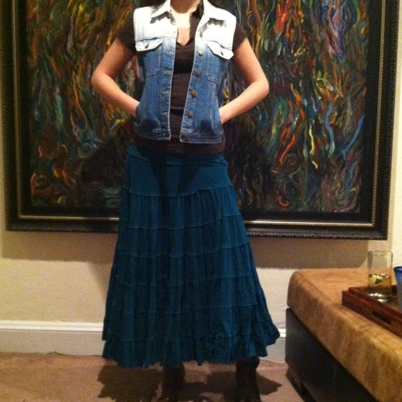 Aqua Long Ruffle Tiered Corduroy Skirt