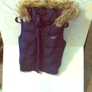 Hollister navy blue vest w/detachable fur hood