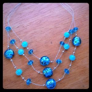 Blue necklace 3 row drop down nice for all season