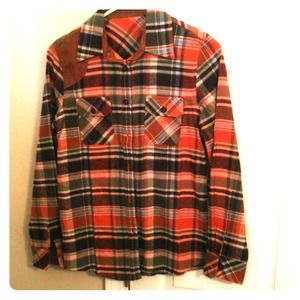 Plaid button up w suede accents