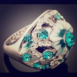 Swarovski crystal and enamel rose ring size 7 or 8