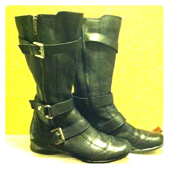 Calf length leather black boots