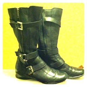 Calf length leather black boots