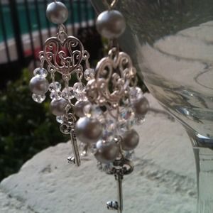 Key to my heart earrings with gray pearls